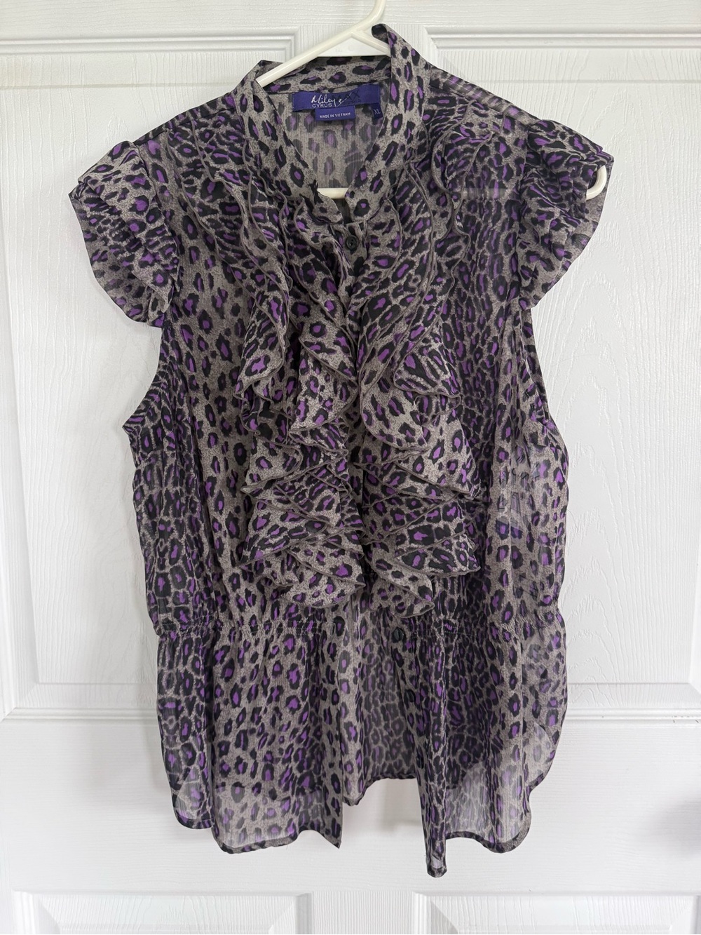 Miley Cyrus x Max Azria Y2K Purple Leopard Ruffle Chiffon Blouse XL Rare Grunge